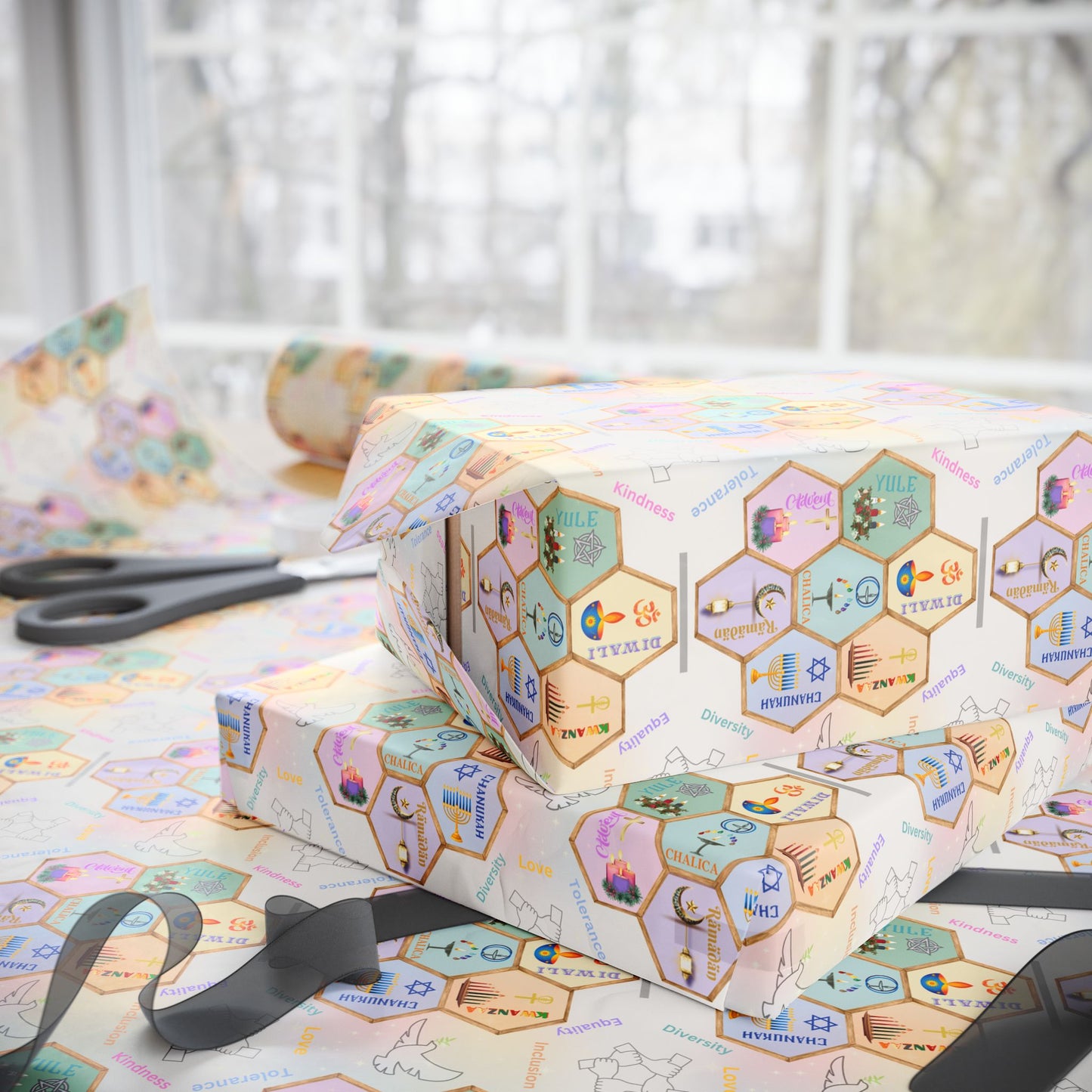 Wrapping Paper Set - Festival of Lights Winter Celebrations Coexist Love All Holidays with Lights