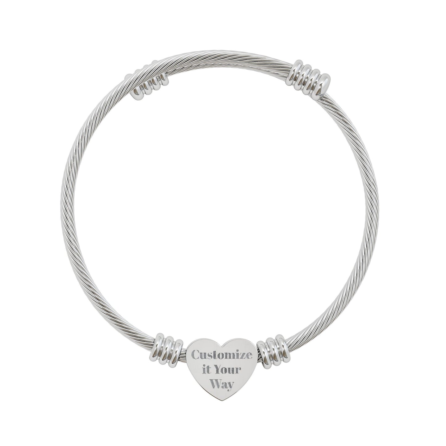 Engravable Heart Cuff Bracelet — Personalized Cable Bangle for Women (Silver or Gold)