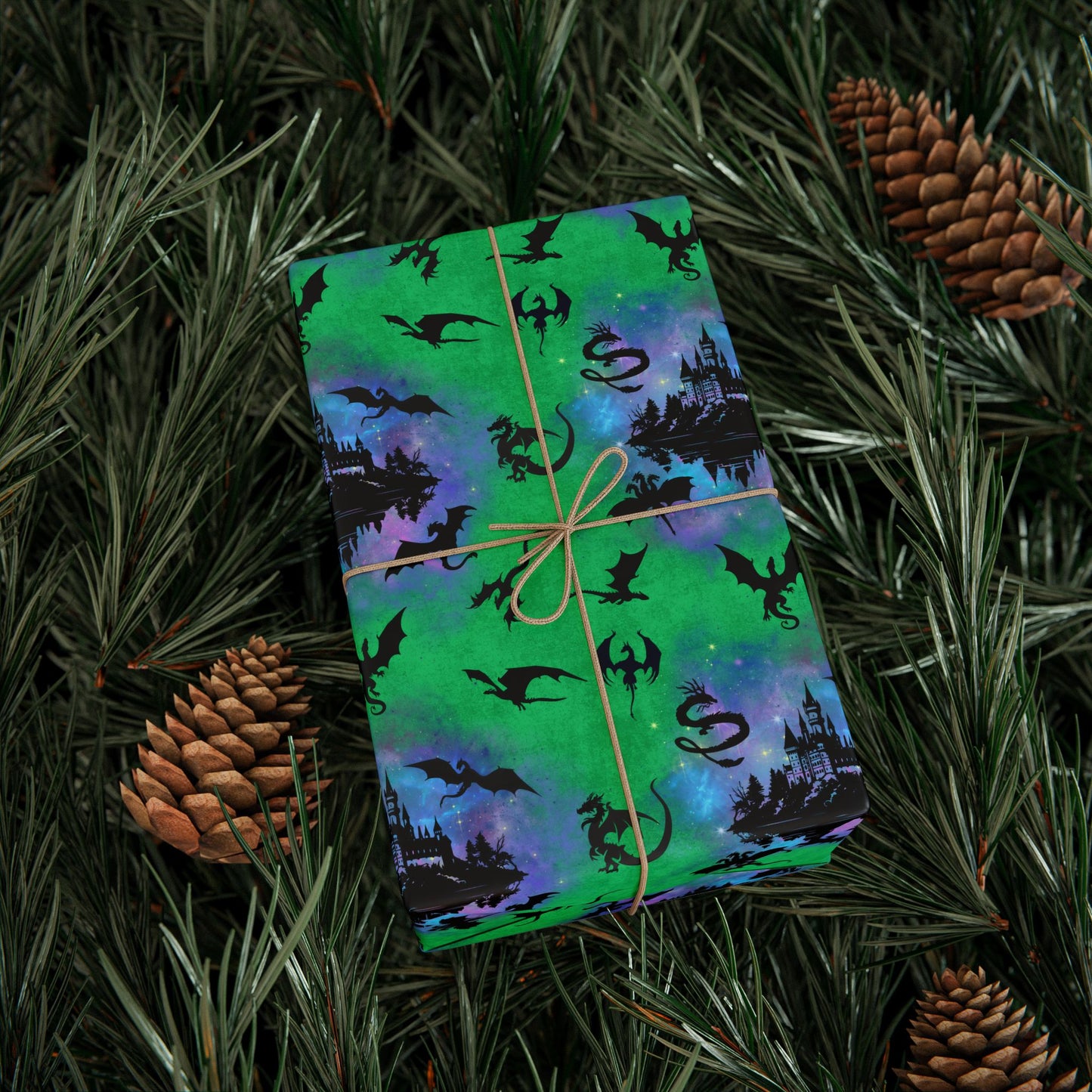 World of Dragons Gift Wrap | Nebula Castle and Dragon Flight | Fantasy Wrapping Paper