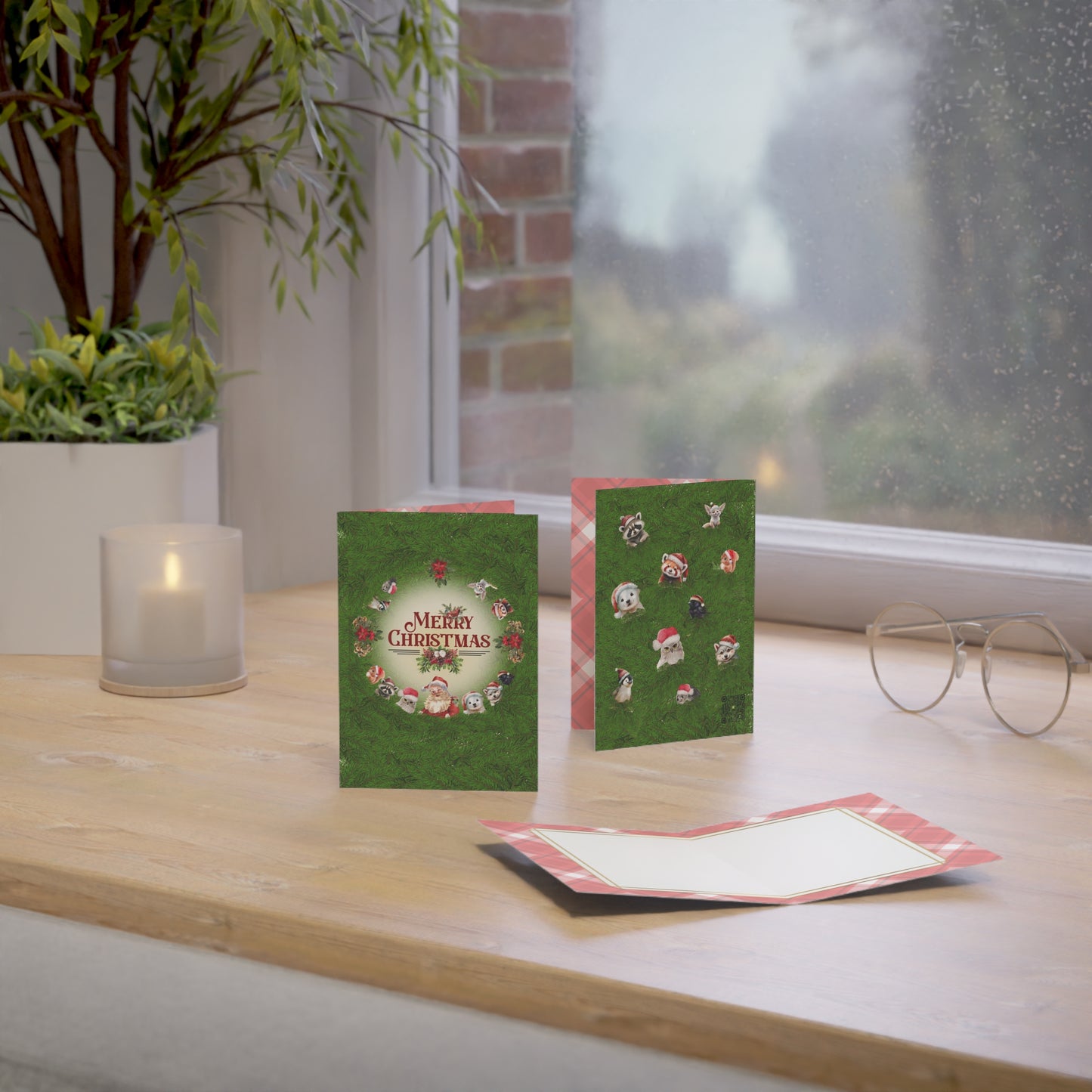 Merry Christmas | Santa and Critters | Santa Loves Animals - Blank Holiday Cards (1, 10 pcs)