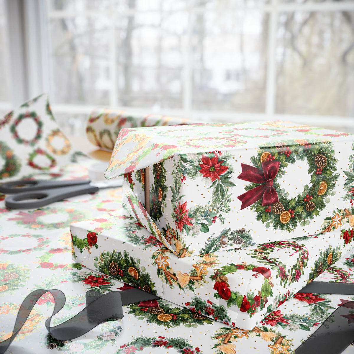 Holiday Adornments Gift Wrap | Holiday Wreaths | Winter Season Wrapping Paper