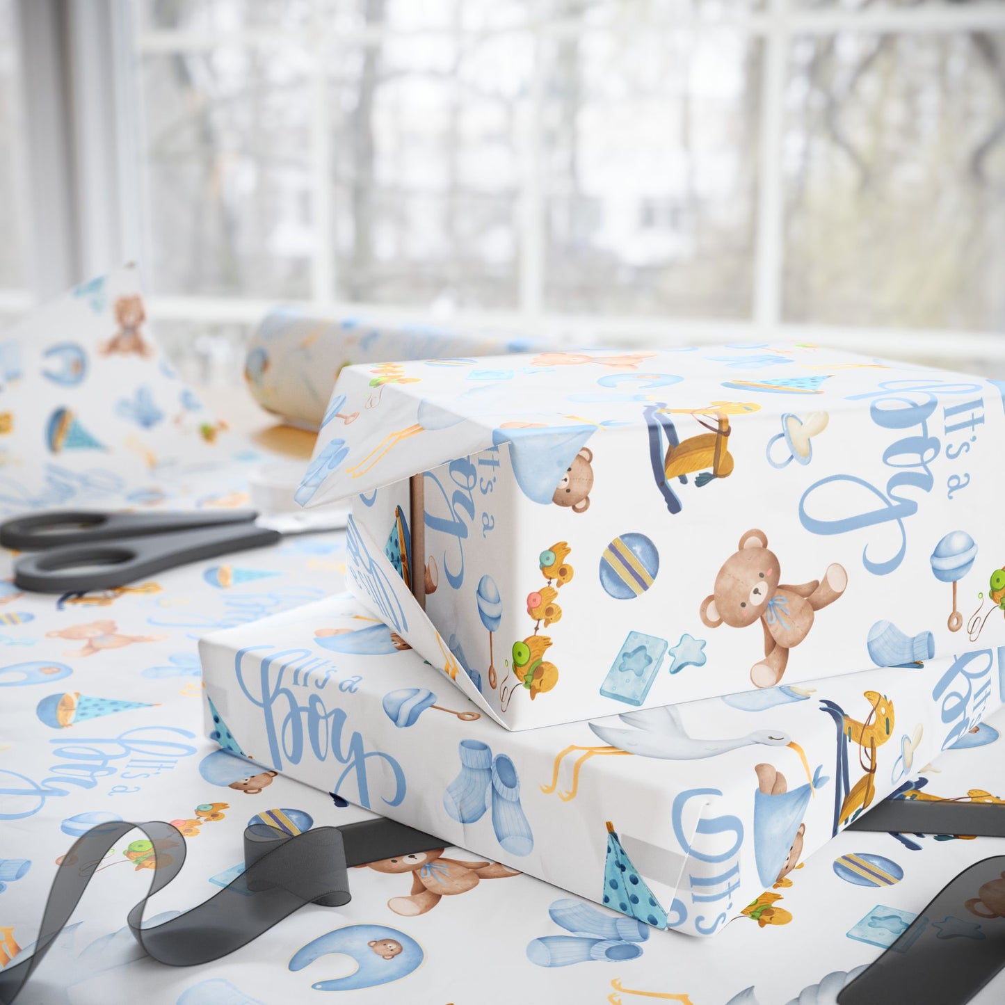 Baby Shower Gift Wrap — "It’s a Boy" Light Blue Wrapping Paper
