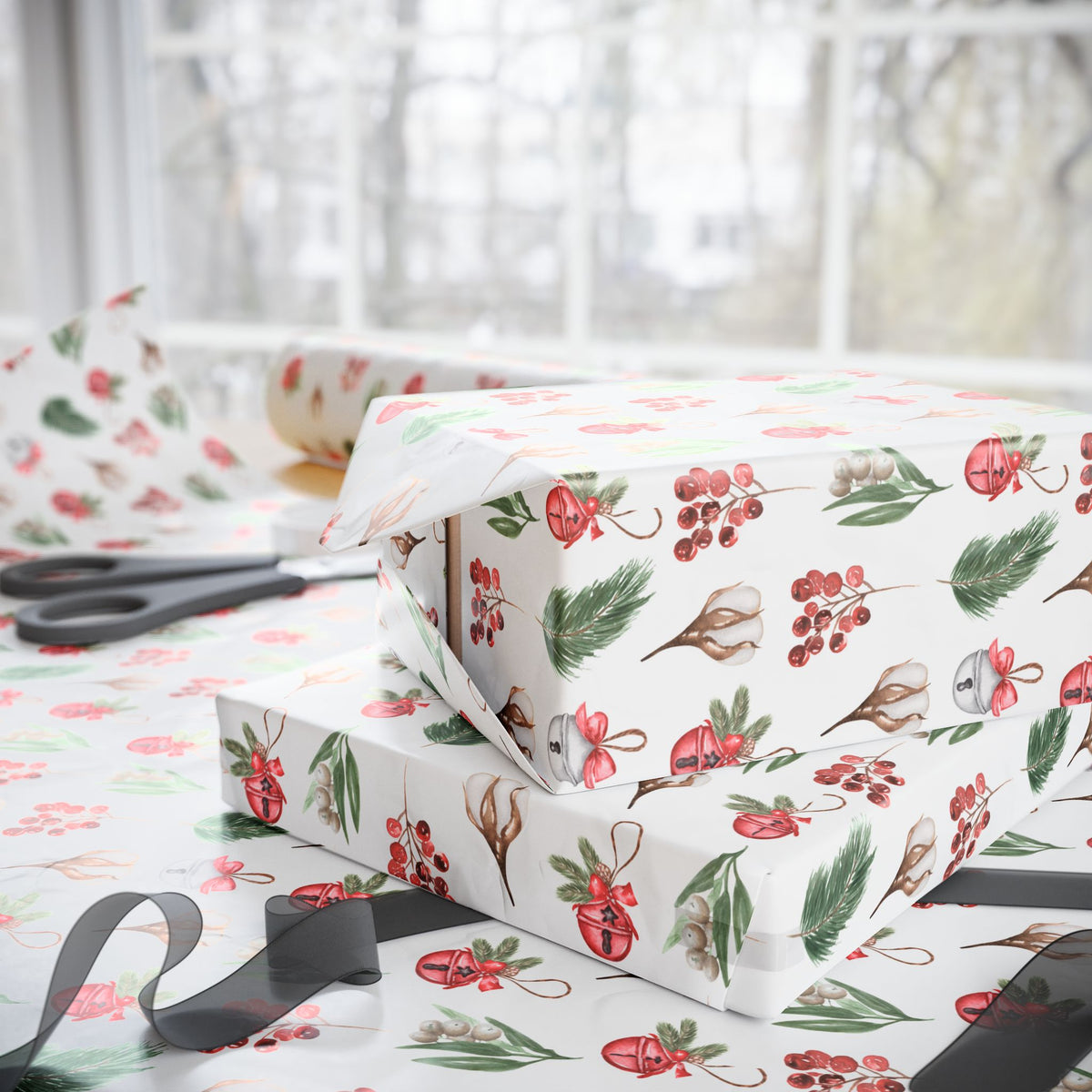 Holiday Botanical Gift Wrap | Bells and Floral Wrapping Paper