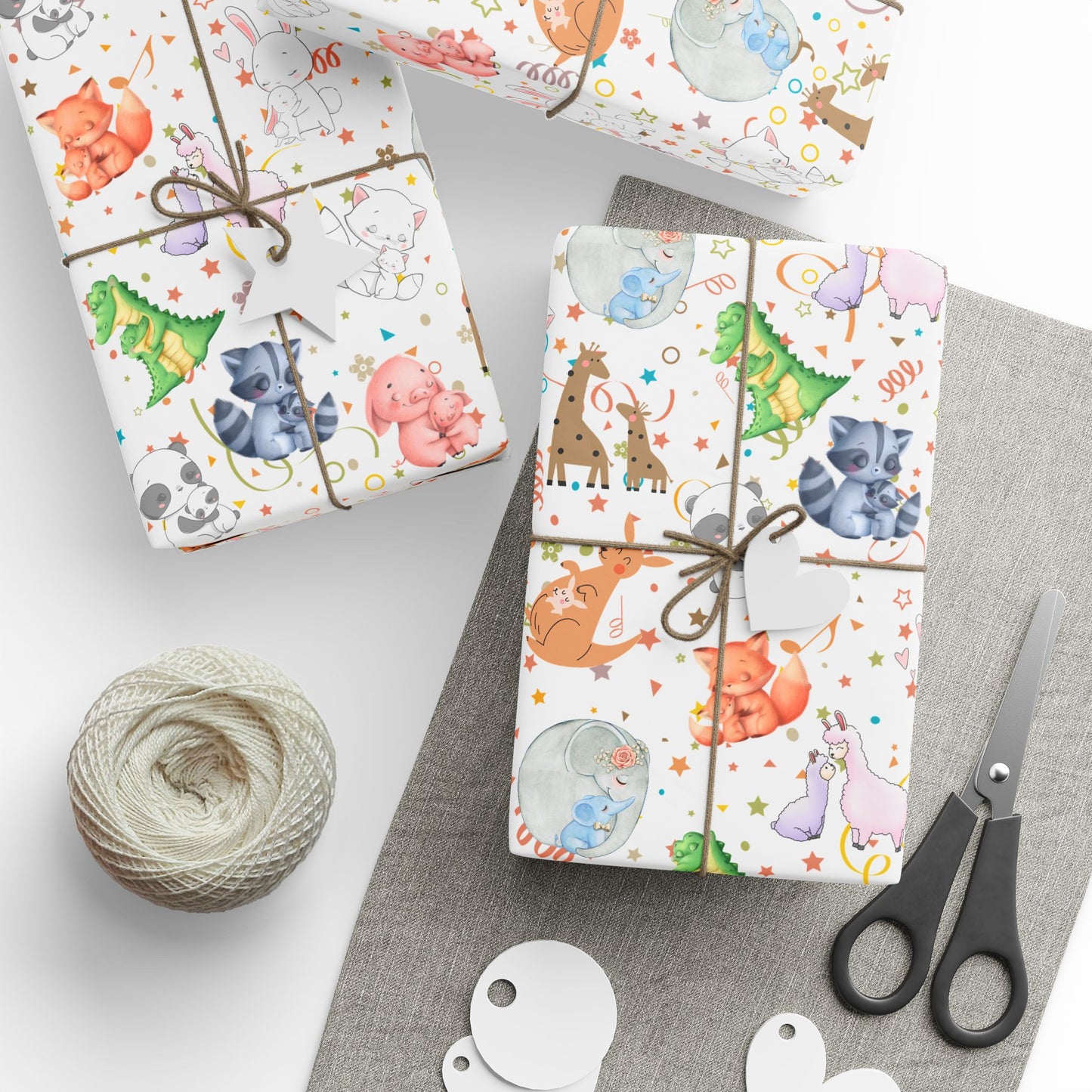 Neutral Baby Shower & Toddler Gift Wrap | Little Hugs | Cute Hugging Critters Wrapping Paper