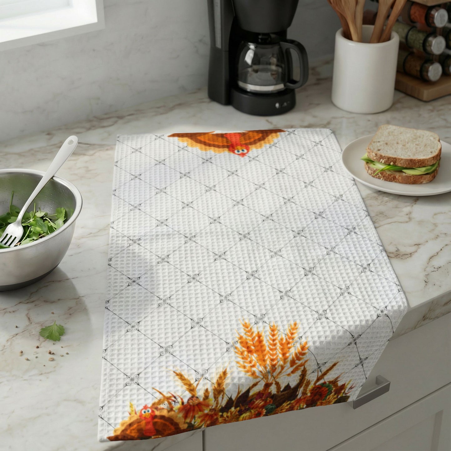 Turkey Harvest Waffle-Weave Kitchen Towel – Autumn Floral Hand Towel