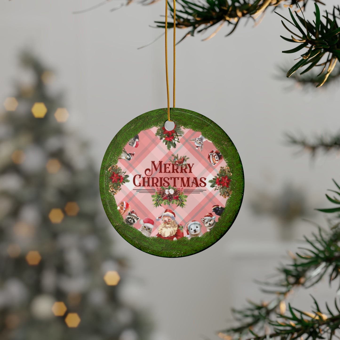 Santa and Critters | Merry Christmas | Heirloom Ceramic Ornaments (1pc, 3pcs, 5pcs, 10pcs)