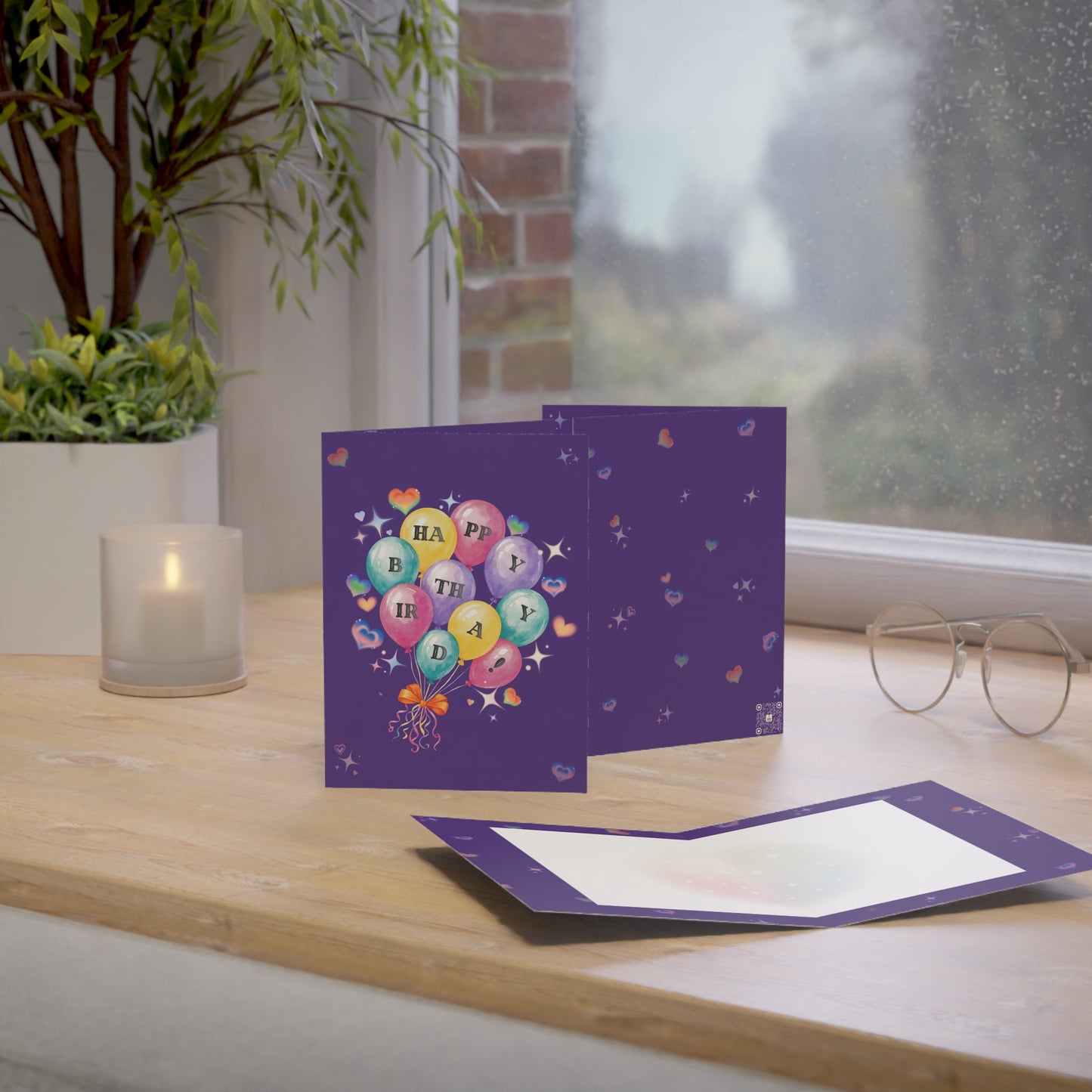 Birthday Balloon Greeting Card | Colorful Happy Birthday | Balloon Bouquet on Purple (1pc, 10pc)