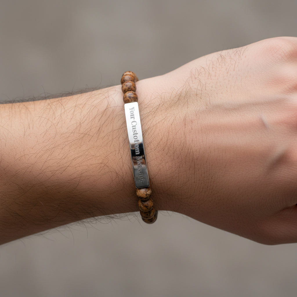 Custom Engravable Natural Stone Bead Bracelet — Custom Message Bar