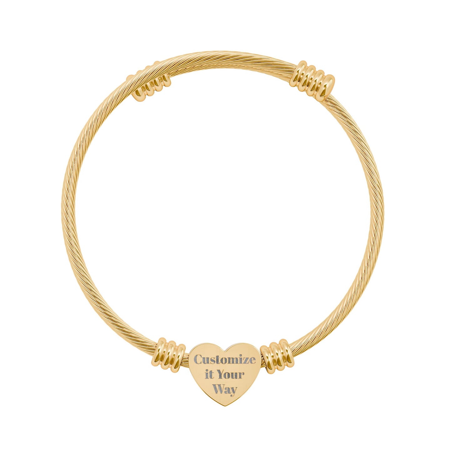 Engravable Heart Cuff Bracelet — Personalized Cable Bangle for Women (Silver or Gold)