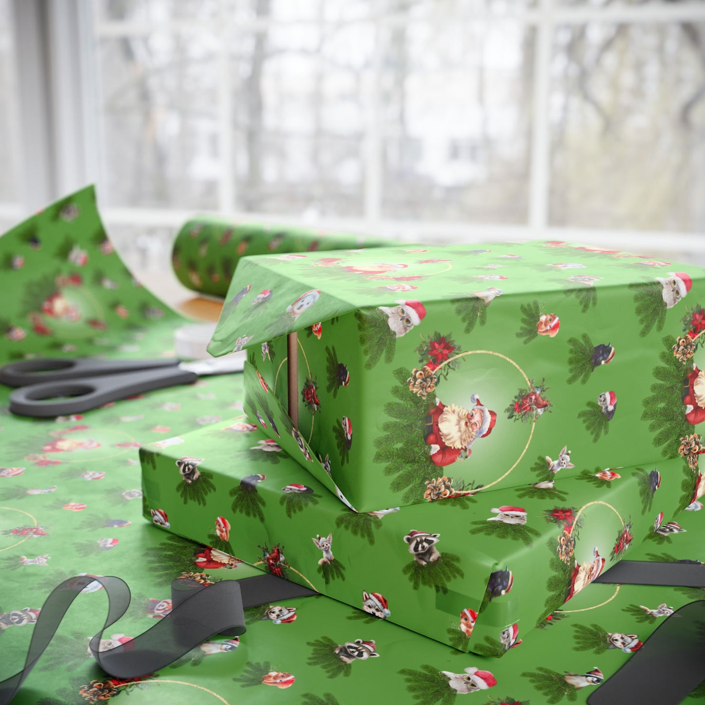 Santa and Critters (Lt.Green) | Wrapping Paper