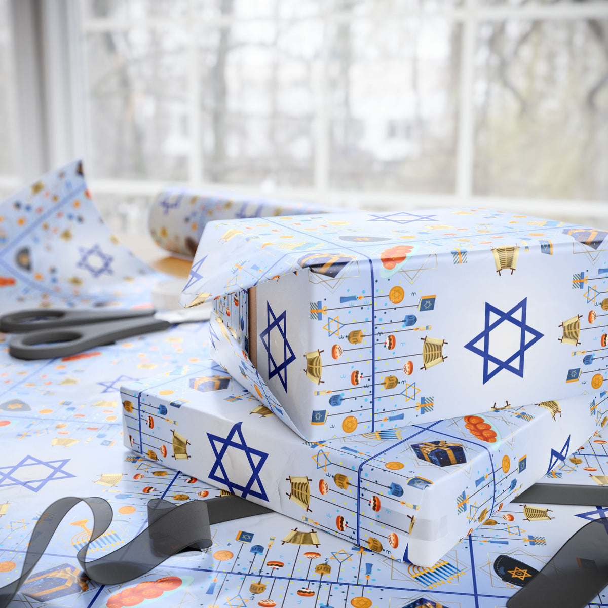 Hanukkah Wrapping Paper Roll – Menorah, Dreidel & Star of David Holiday Gift Wrap