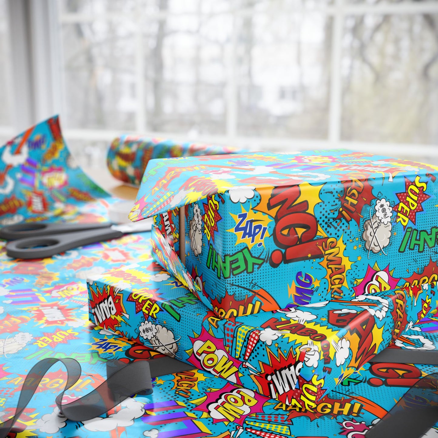 Crash Bang Comics Gift Wrap | Comic Zoom Wrapping Paper Roll | Colorful Pop Art Graphic Exploration