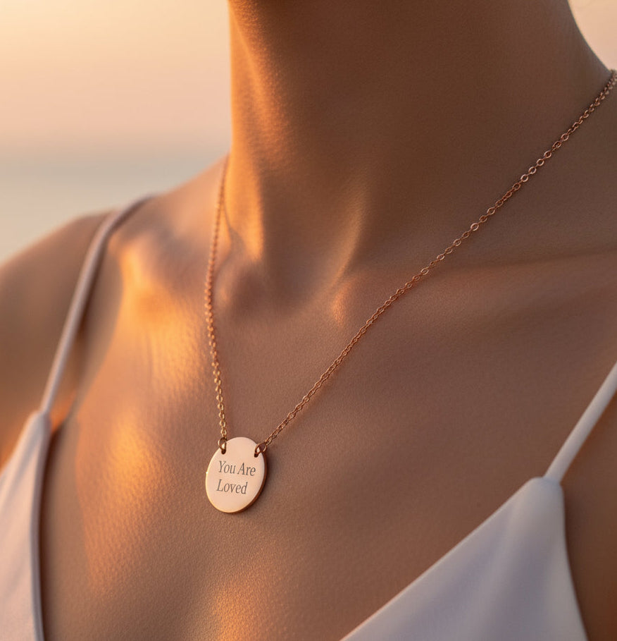 Engraved Circle Necklace - "You Are Loved" Personalized Necklace, Customized Pendant, Meaningful Gift,