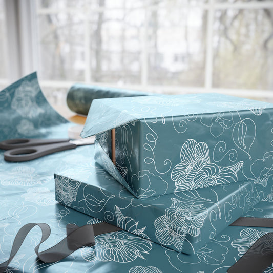 Teal Stenciled Floral Gift Wrap | Decor Paper for All Use | Floral Vintage Collage Wrapping Paper & Flowers Gift Wrap