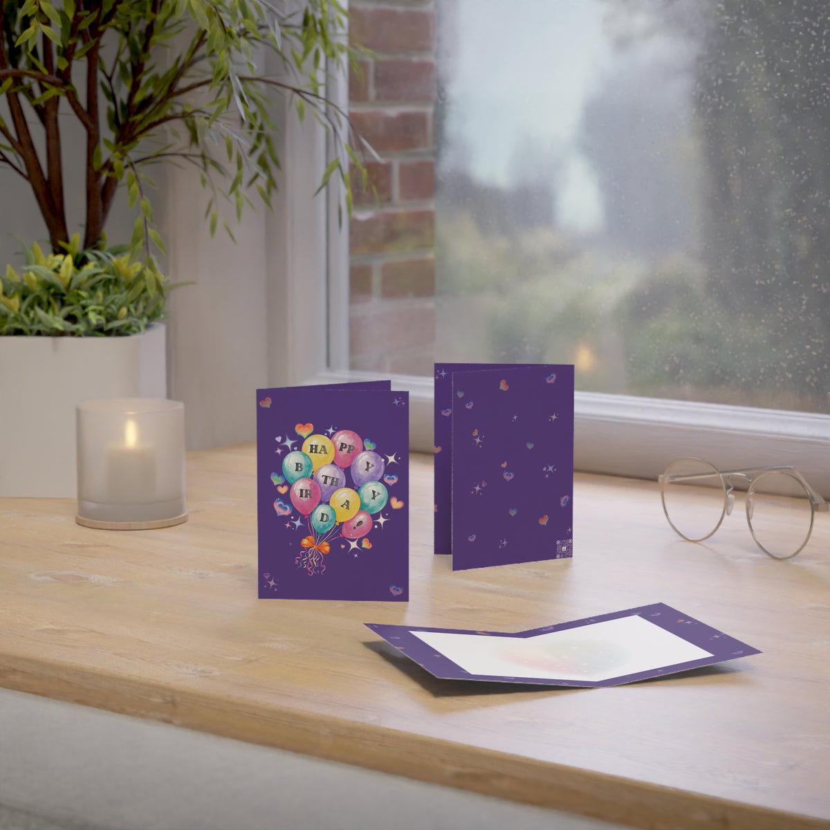 Birthday Balloon Greeting Card | Colorful Happy Birthday | Balloon Bouquet on Purple (1pc, 10pc)