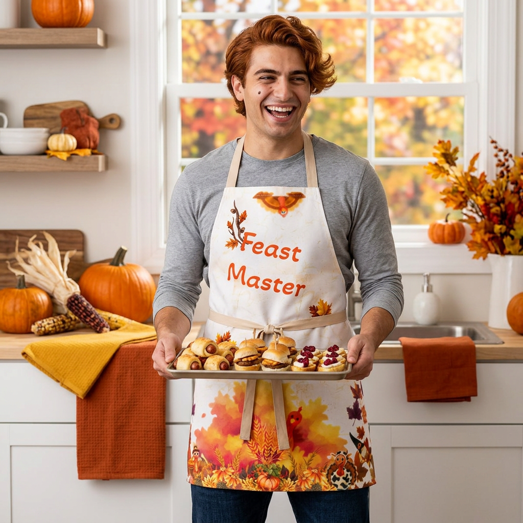 Feast Master Fall Apron | Thanksgiving Cooking Kitchen Apron with Autumn Leaves
