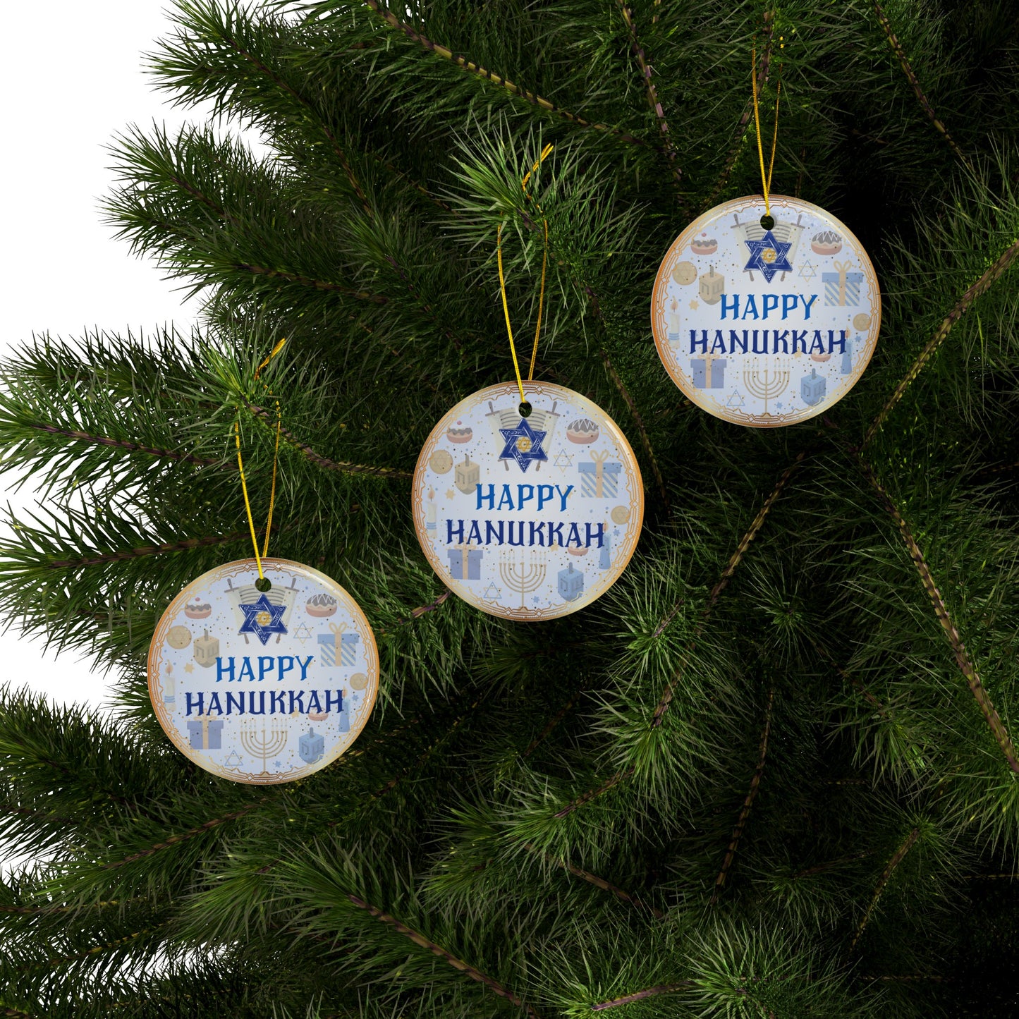 Happy Hanukkah | Jewish Inspired | Heirloom Ceramic Ornaments (1pc, 3pcs, 5pcs, 10pcs)