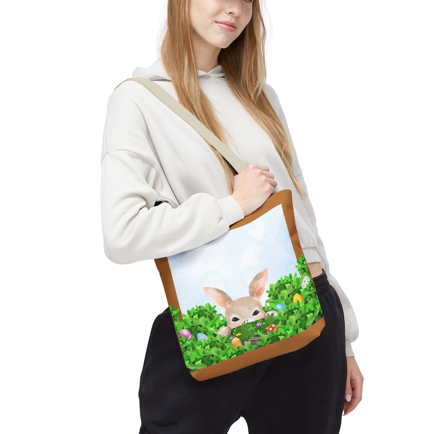 Easter Bunny Tote Bag – Cute Bunny in Garden Egg Hunt | AOP Tote 13” x 13”