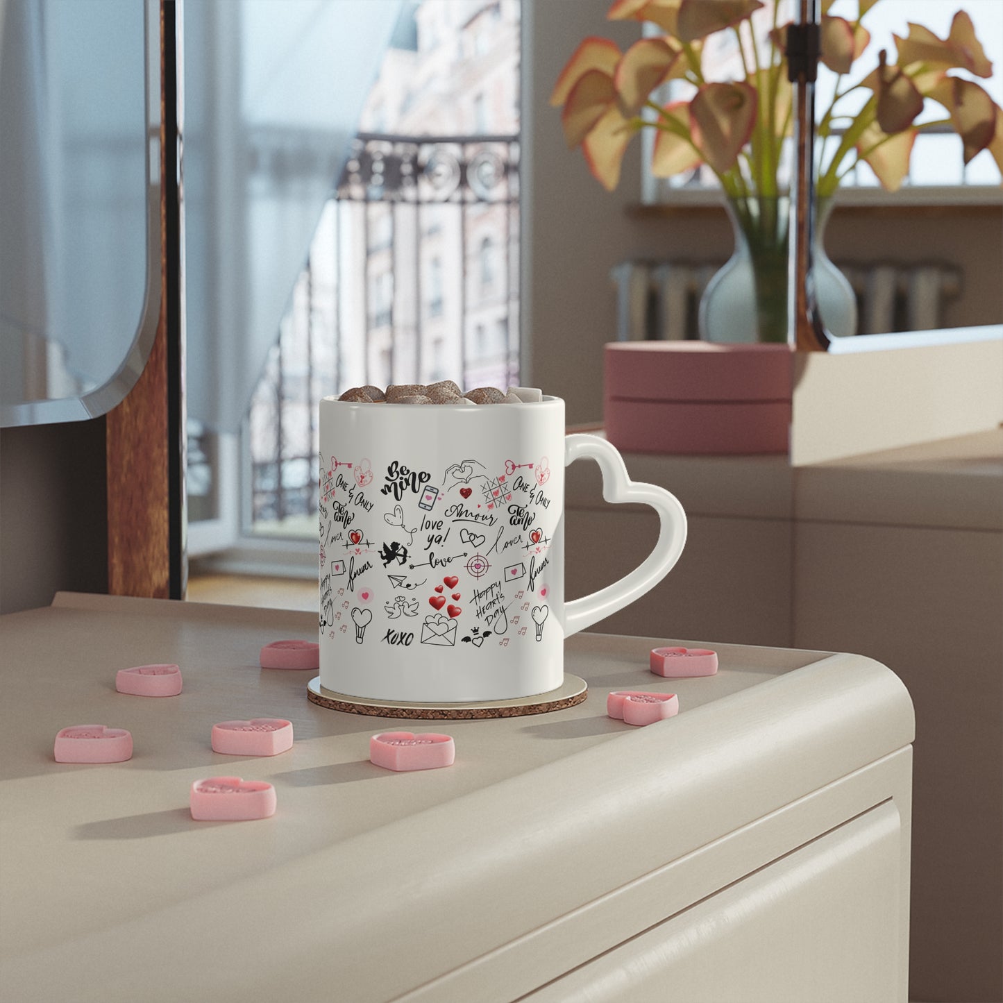 Heart-Shaped Mug with Love Language Print | "Cup Full of Love" | Hot Chocolate Memories or Tea for Two