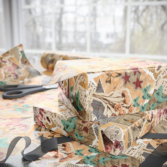 Lovely Old Fashioned Paper Gift Wrap | Decor Paper for All Use | Floral Vintage Collage Wrapping Paper — Retro Newspaper & Flowers Gift Wrap