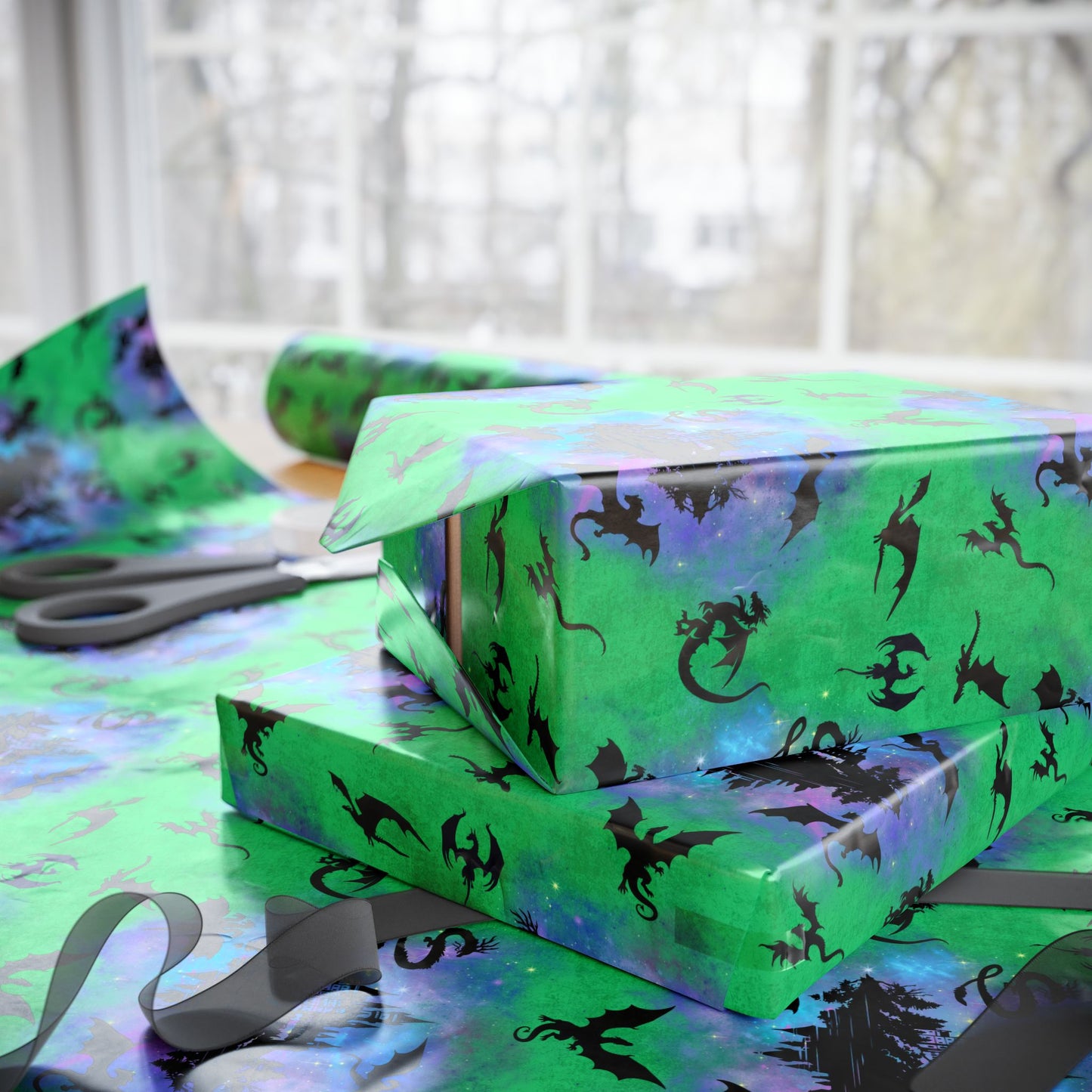 World of Dragons Gift Wrap | Nebula Castle and Dragon Flight | Fantasy Wrapping Paper