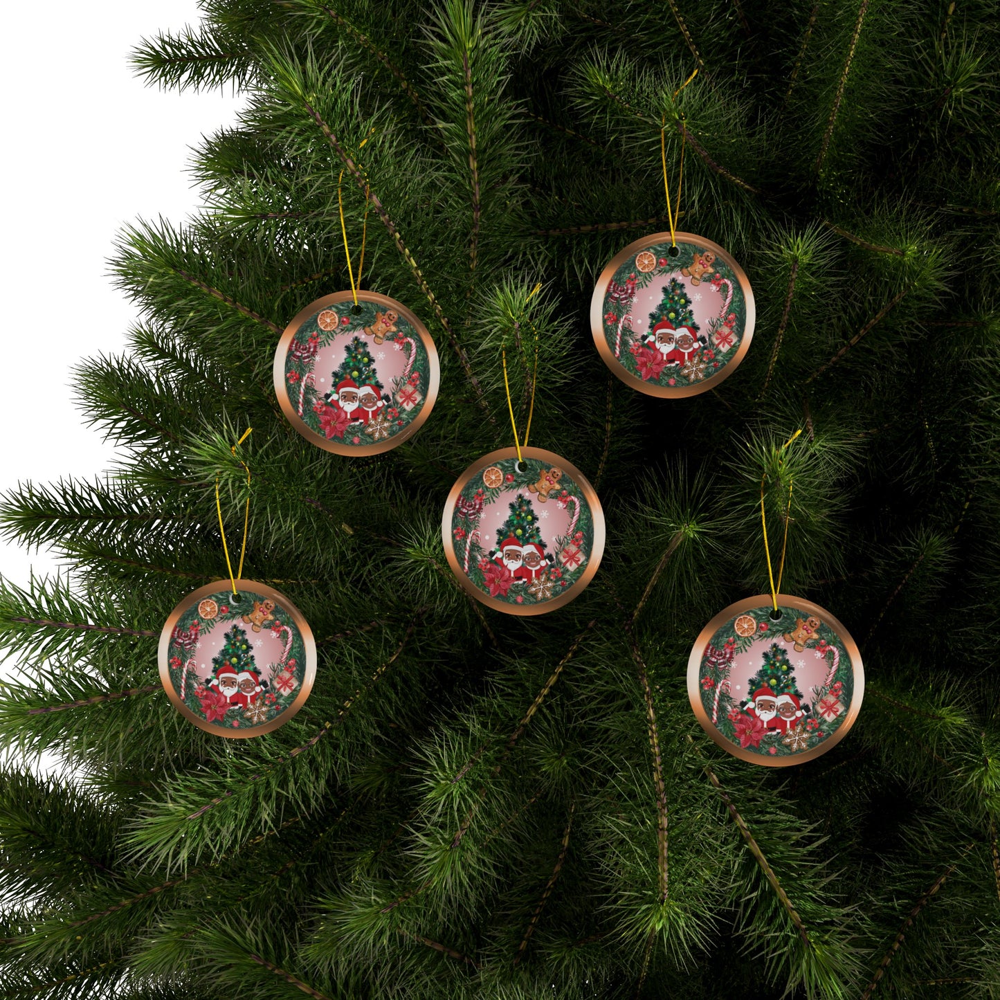 Santa Family | Happy Holiday | Heirloom Ceramic Ornaments (1pc, 3pcs, 5pcs, 10pcs)