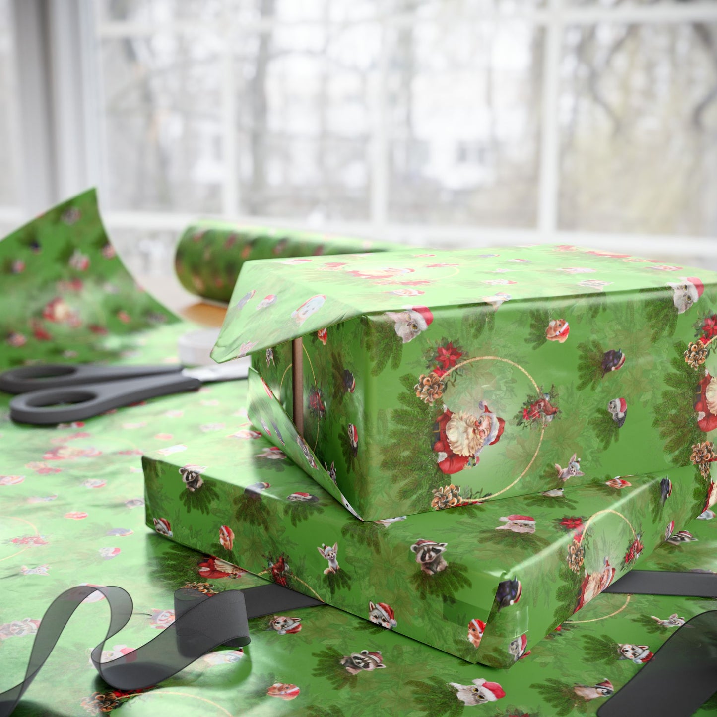 Wrapping Paper Santa and Critters | Cute Animals in Santa Hats