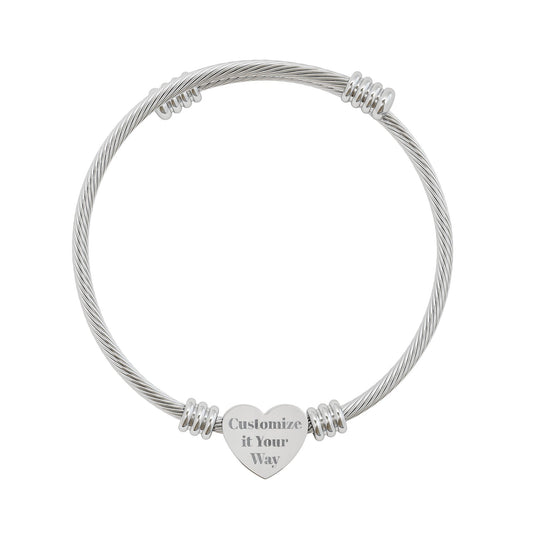 Engravable Heart Cuff Bracelet — Personalized Cable Bangle for Women (Silver or Gold)