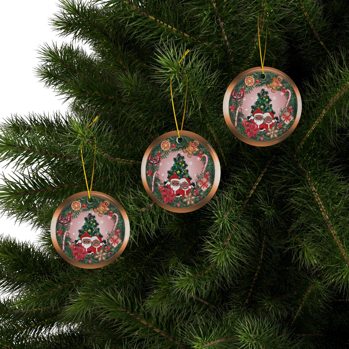 Santa Family | Happy Holiday | Heirloom Ceramic Ornaments (1pc, 3pcs, 5pcs, 10pcs)