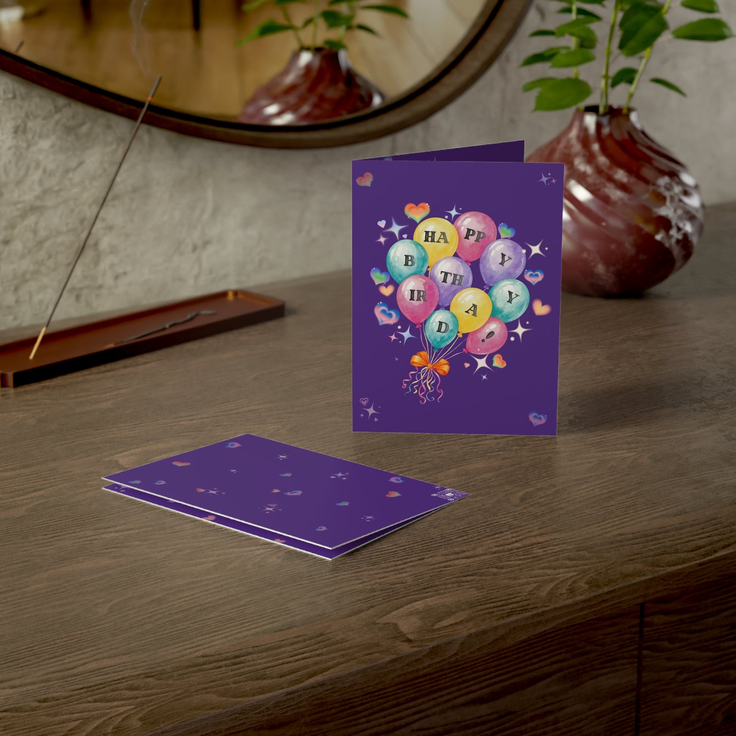 Birthday Balloon Greeting Card | Colorful Happy Birthday | Balloon Bouquet on Purple (1pc, 10pc)