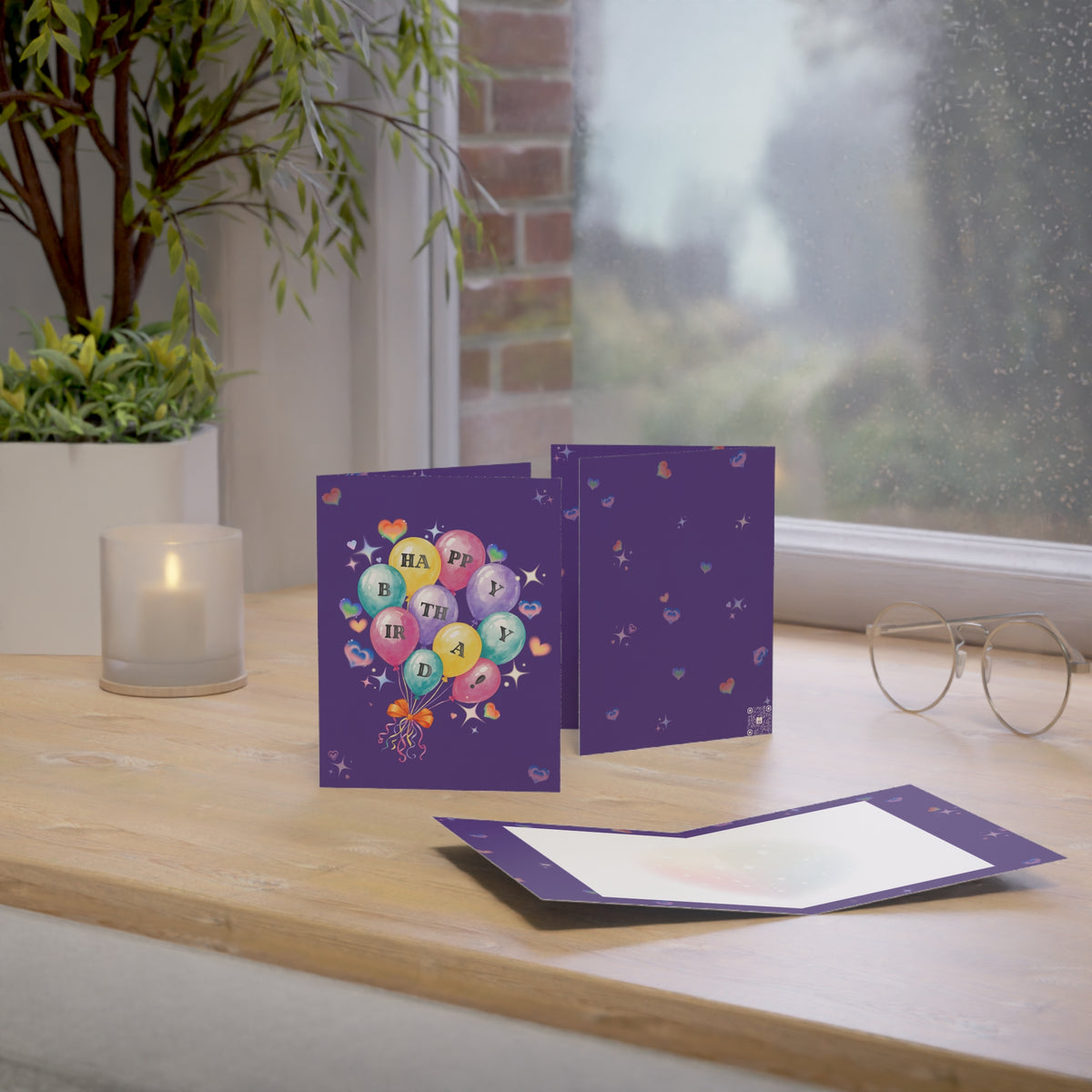 Birthday Balloon Greeting Card | Colorful Happy Birthday | Balloon Bouquet on Purple (1pc, 10pc)