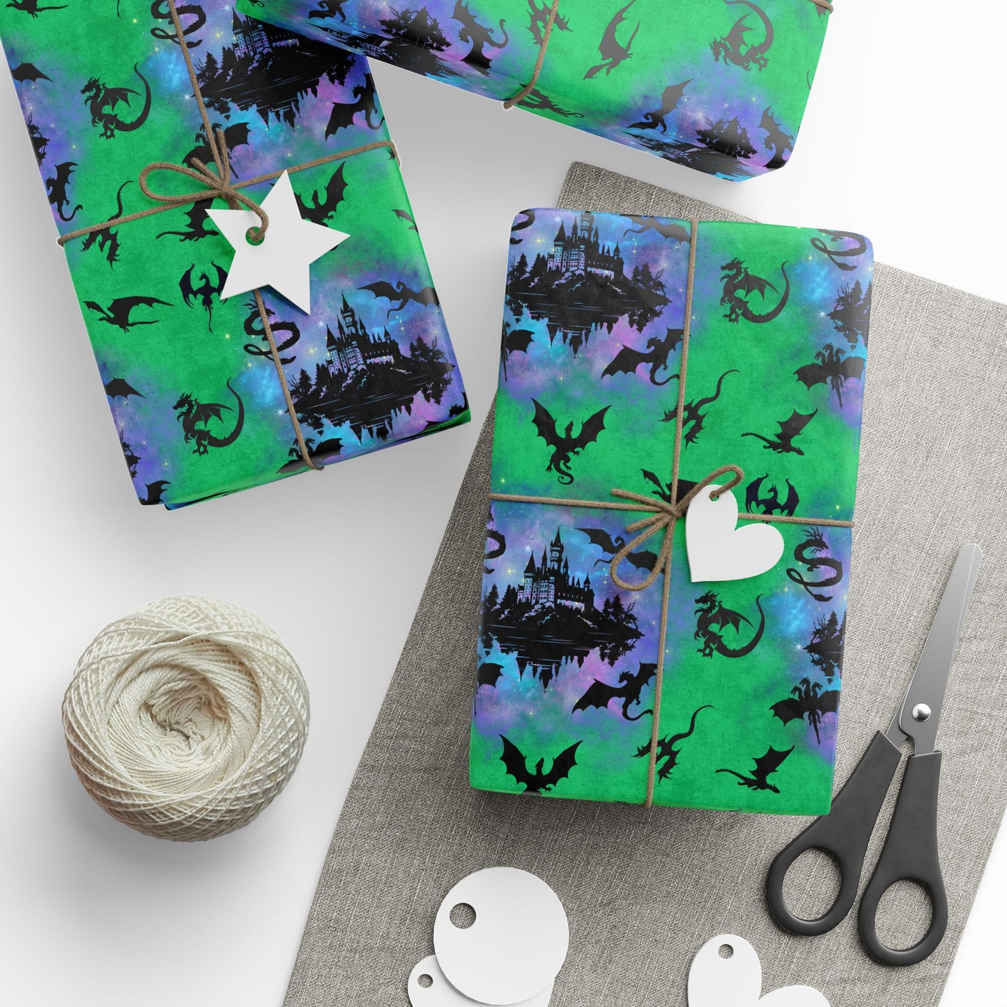 World of Dragons Gift Wrap | Nebula Castle and Dragon Flight | Fantasy Wrapping Paper