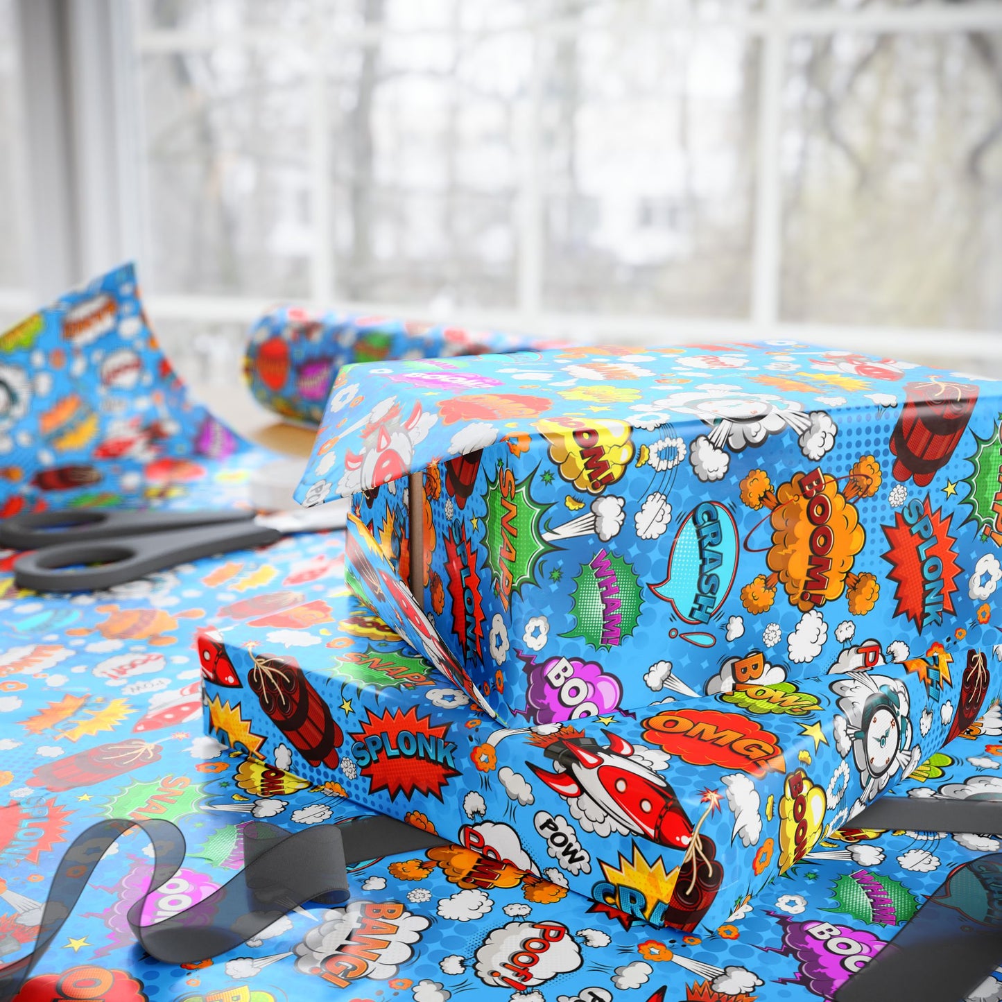 Comics Run Loose Gift Wrap | Comic Rocket Wrapping Paper Roll | Colorful Pop Art Graphic Exploration