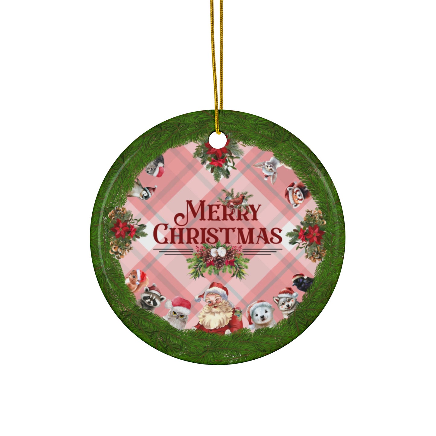 Santa and Critters | Merry Christmas | Heirloom Ceramic Ornaments (1pc, 3pcs, 5pcs, 10pcs)