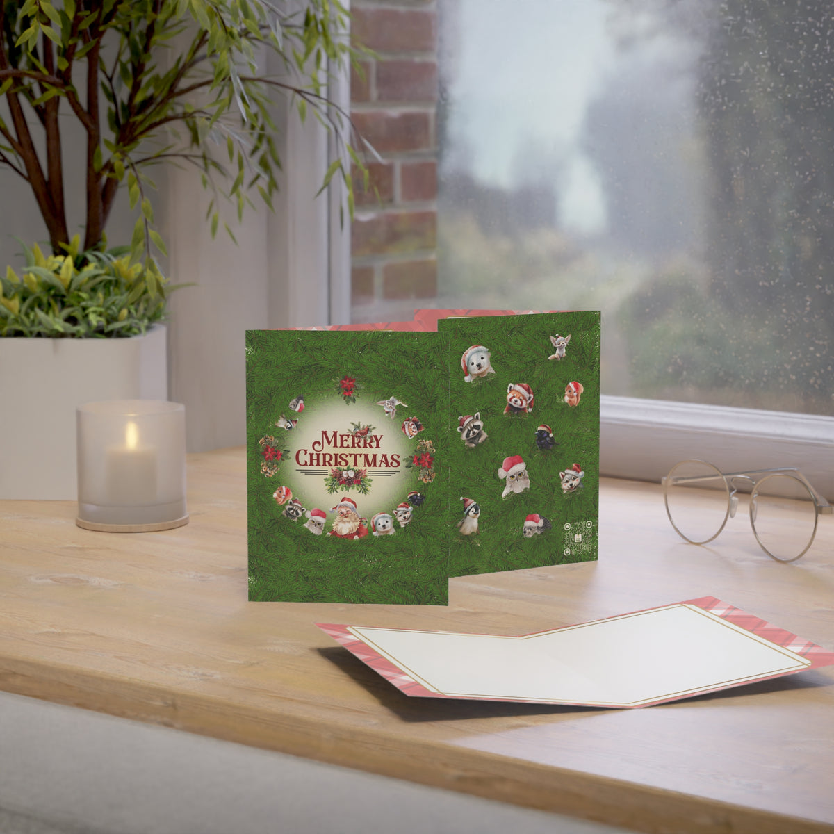 Santa and Critters | Merry Christmas Peek a Pine | Greeting Cards