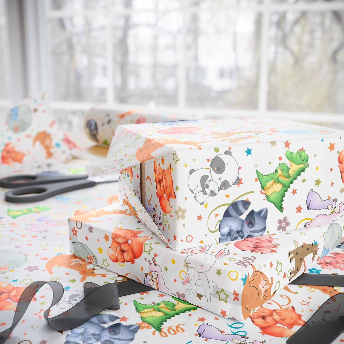 Neutral Baby Shower & Toddler Gift Wrap | Little Hugs | Cute Hugging Critters Wrapping Paper