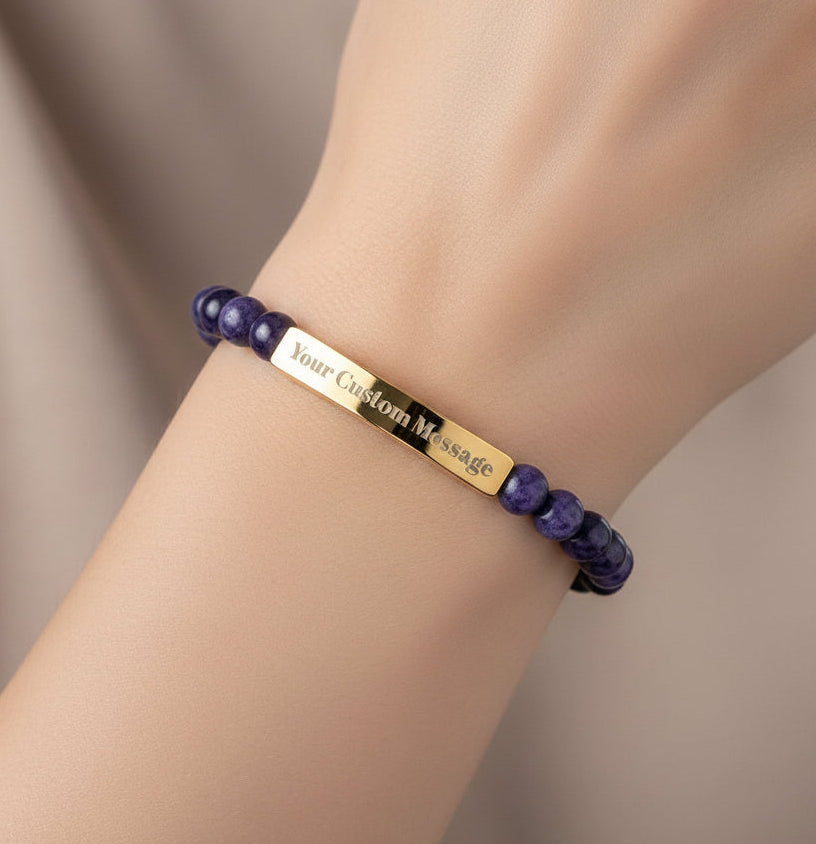Custom Engravable Natural Stone Bead Bracelet — Custom Message Bar