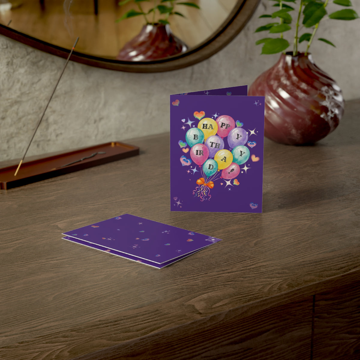 Birthday Balloon Greeting Card | Colorful Happy Birthday | Balloon Bouquet on Purple (1pc, 10pc)