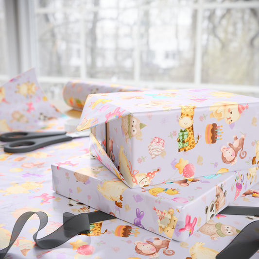 Cutie Critters Lavender Party | Birthday Kids Gift Wrap Roll | Animal Party Wrapping Paper