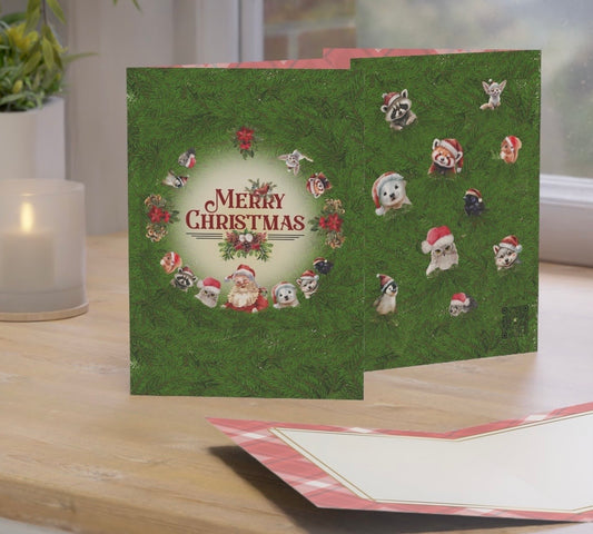 Merry Christmas | Santa and Critters | Santa Loves Animals - Blank Holiday Cards (1, 10 pcs)